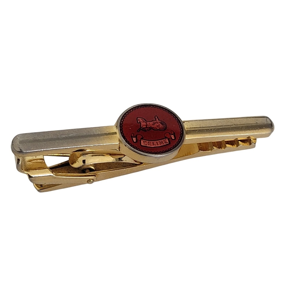 Celine Vintage Gold Tone Red Enamel Carriage Logo Tie Bar Clip Mens Accessory
